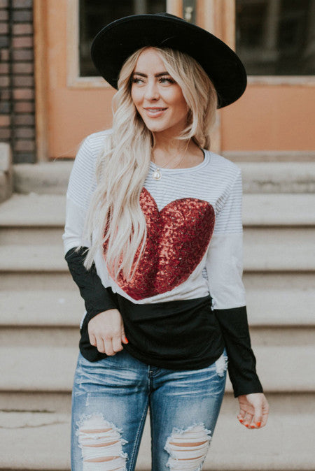 Sequin Heart Striped Long Sleeve Top